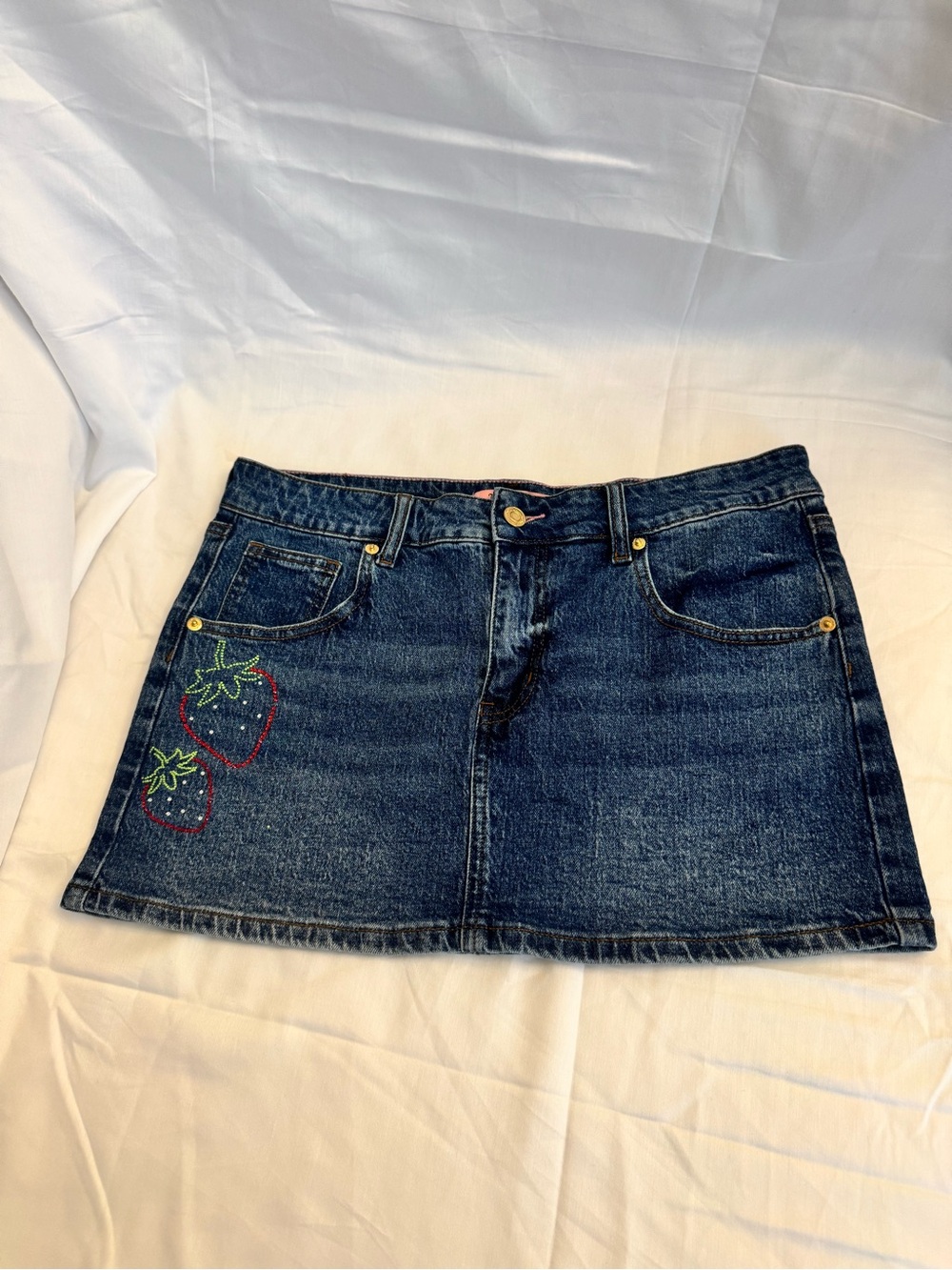 Juicy Couture Blue Denim Mini Skirt with Strawberry Embroidery